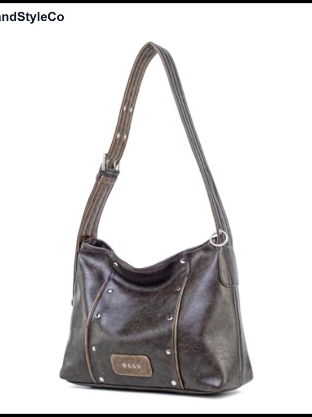 Vintage Distressed Faux Leather Tote Crossbody Bag with Rivets, Brown